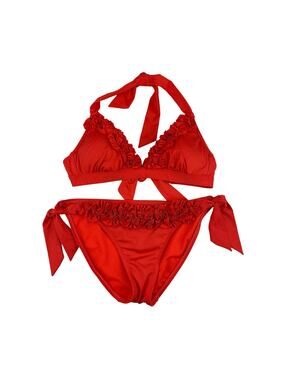 Kenneth Cole Two Piece Ruffle Accent Bikini Set Red Self Tie Straps Women's S